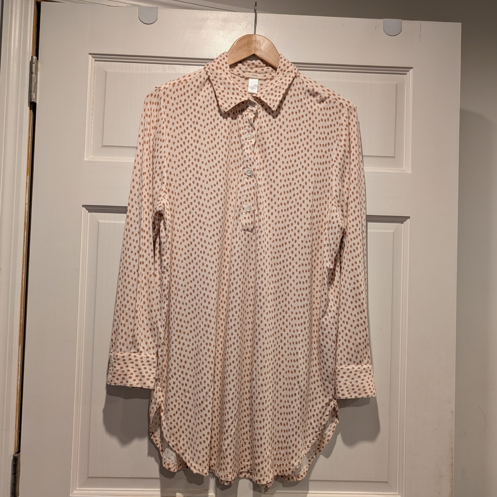 Eberjey Cream Brown Pajama Shirt Dress Buttons Collar S Comfy Sleepwear